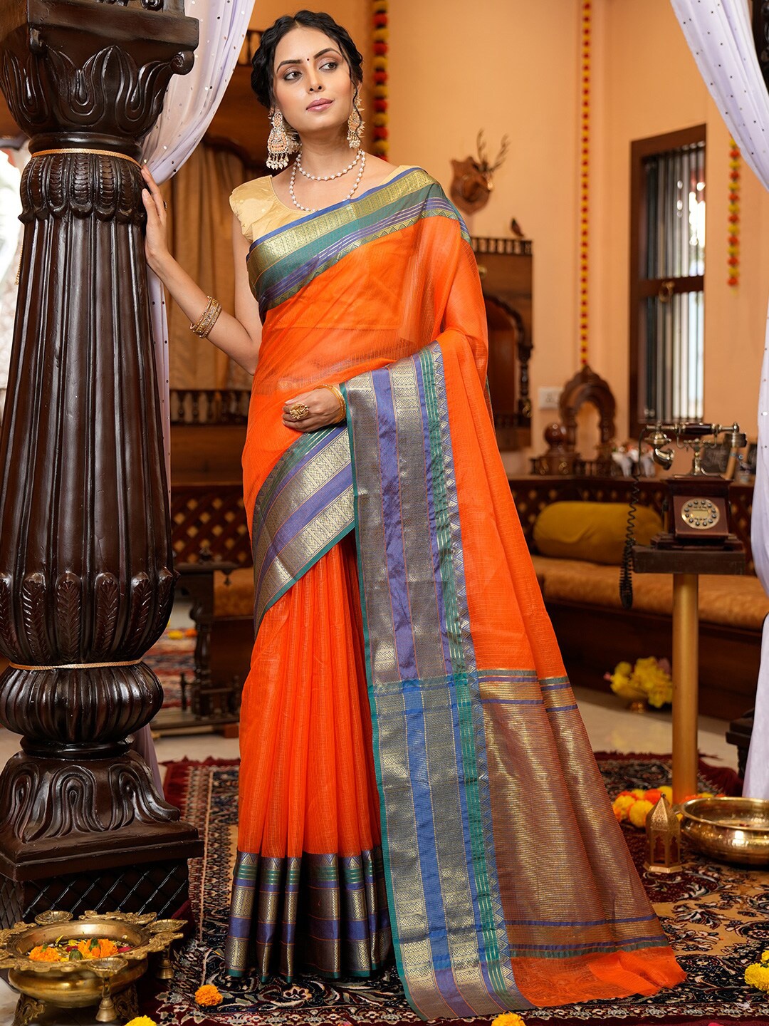 

KARAGIRI Woven Design Silk Blend Kota Saree, Orange