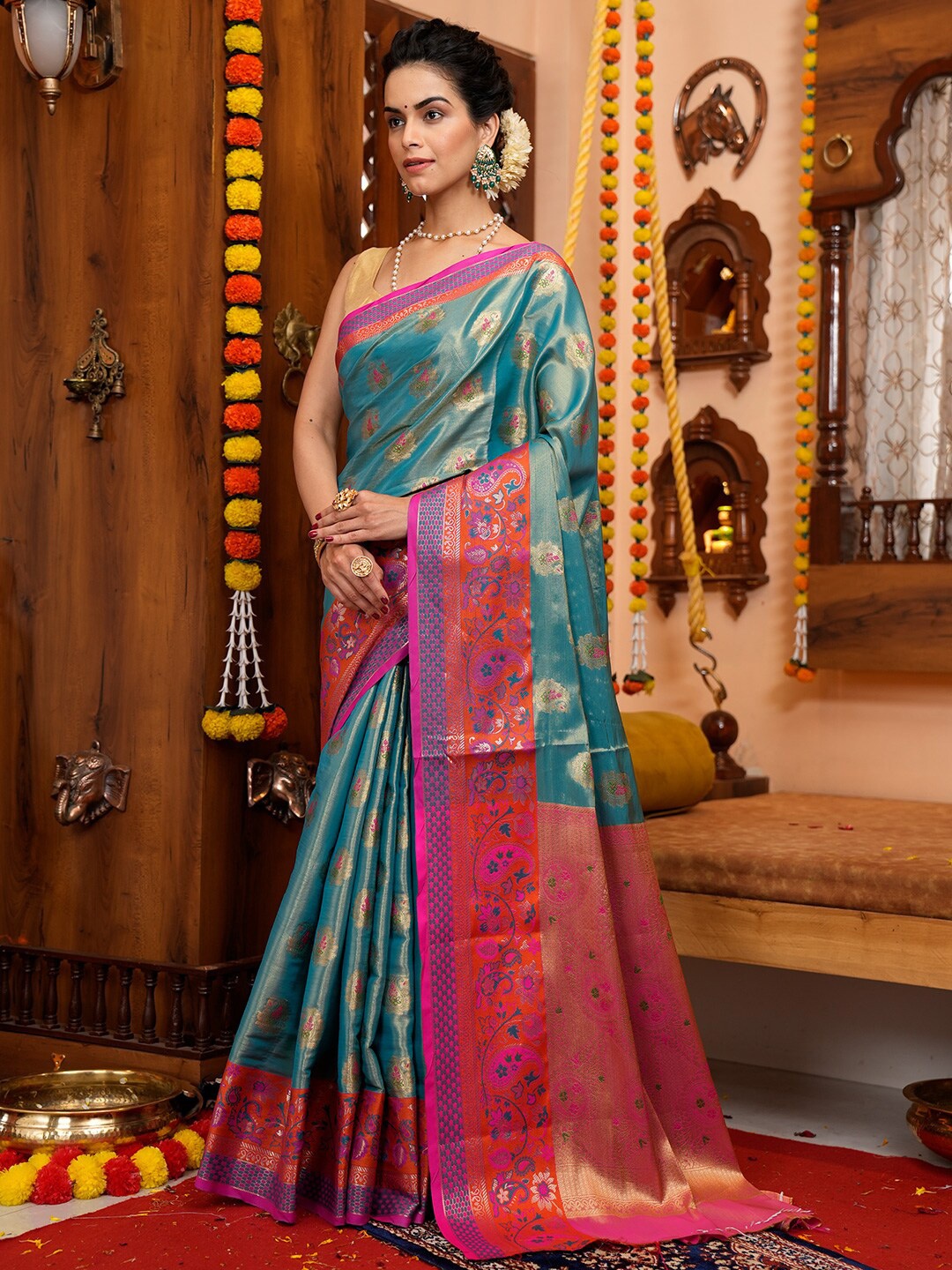 

KARAGIRI Paisley Woven Design Tissue Banarasi Saree, Blue