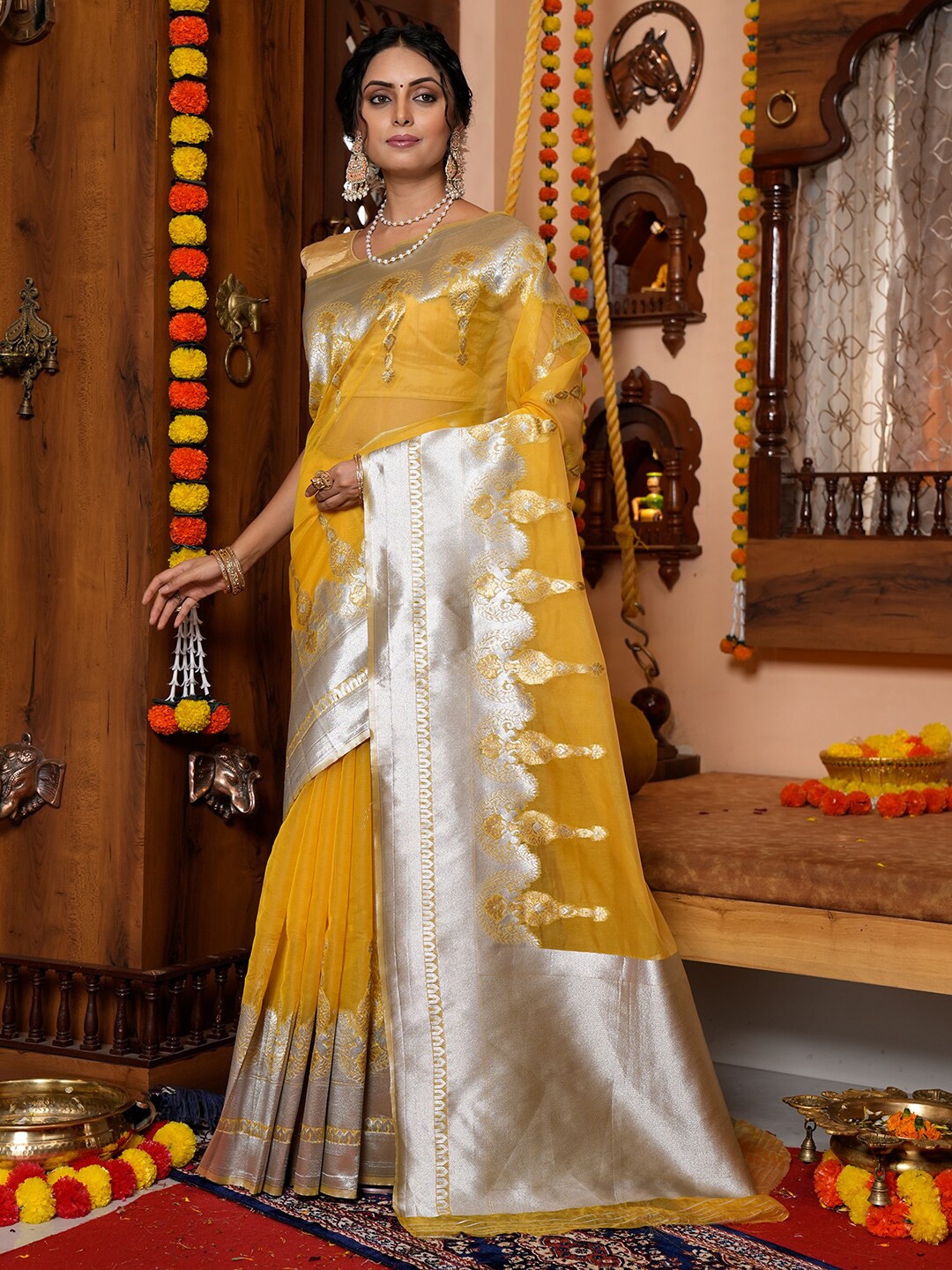 

KARAGIRI Ethnic Motif Organza Zari Saree With Blouse Piece, Yellow