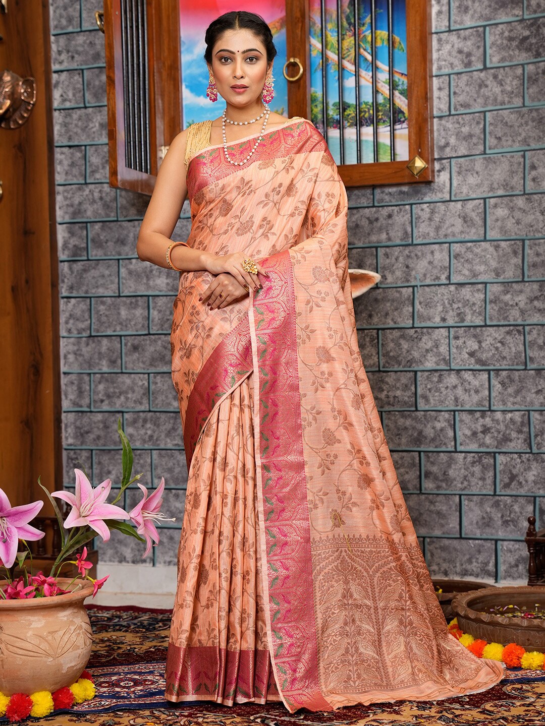 

KARAGIRI Floral Woven Design Saree, Peach