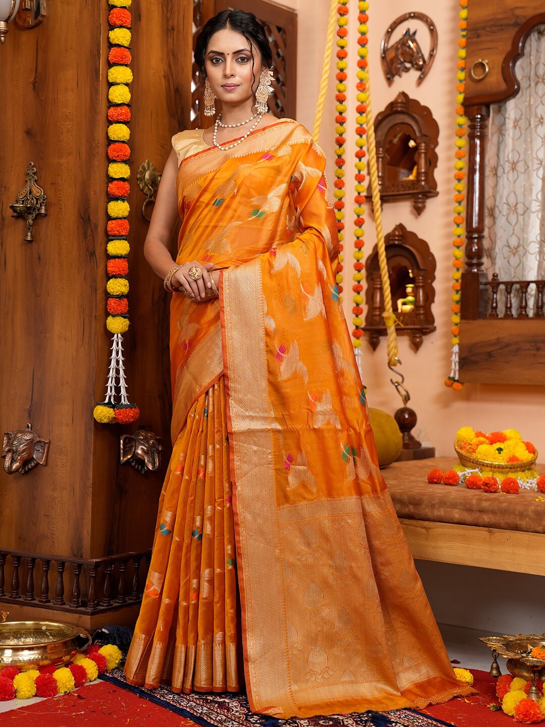 

KARAGIRI Ethnic Motif Woven Design Organza Saree, Orange