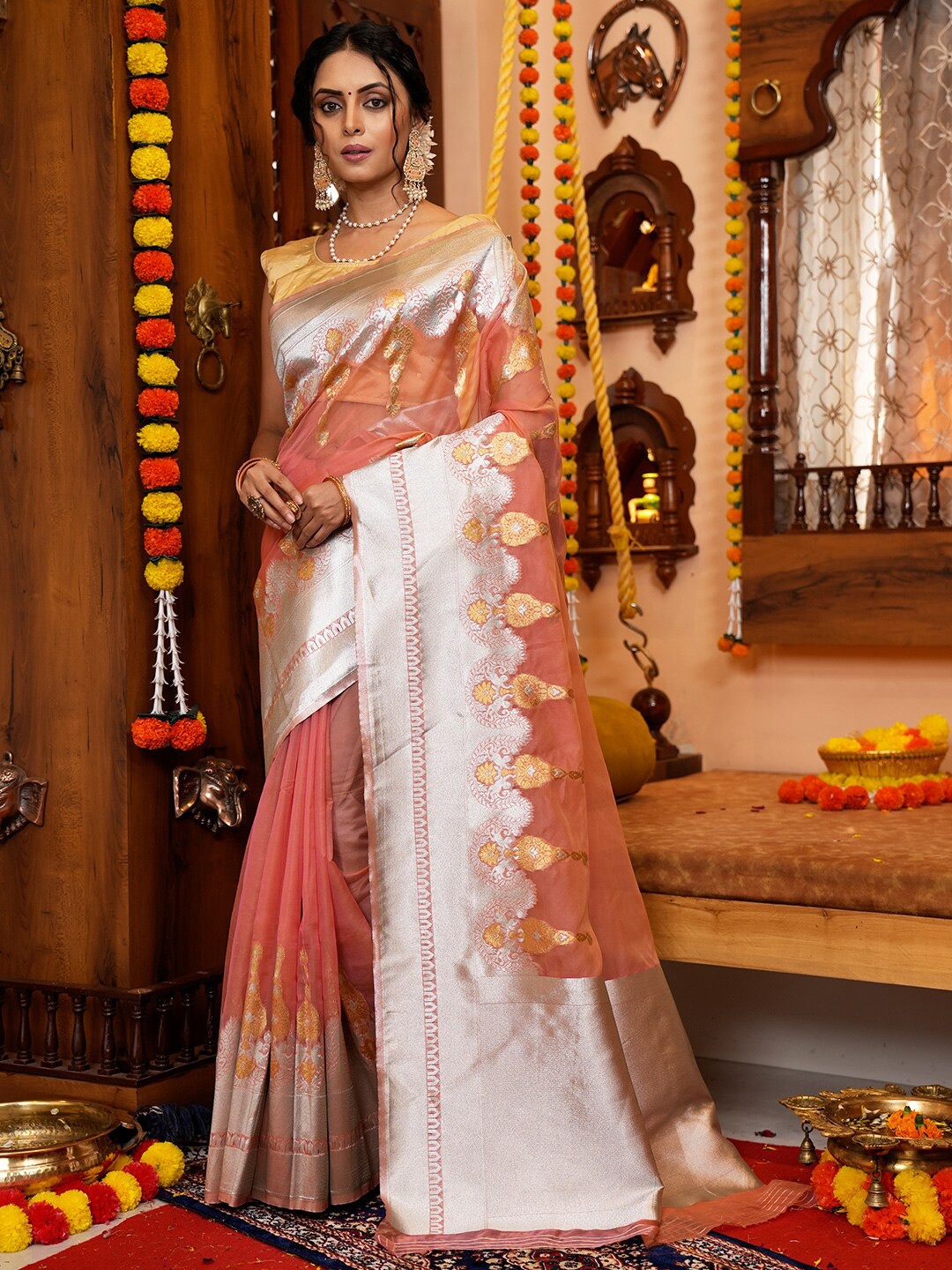 

KARAGIRI Floral Woven Design Organza Saree, Peach