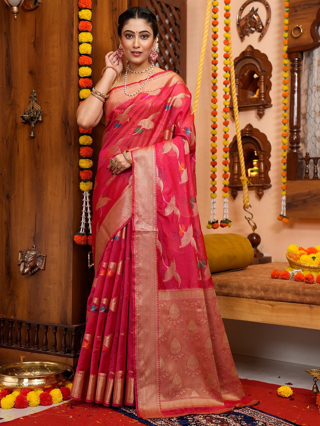

KARAGIRI Ethnic Motif Organza Zari Saree With Blouse Piece, Pink
