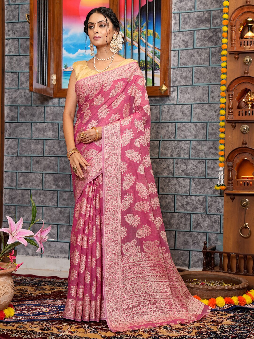 

KARAGIRI Floral Woven Design Pure Cotton Saree, Pink