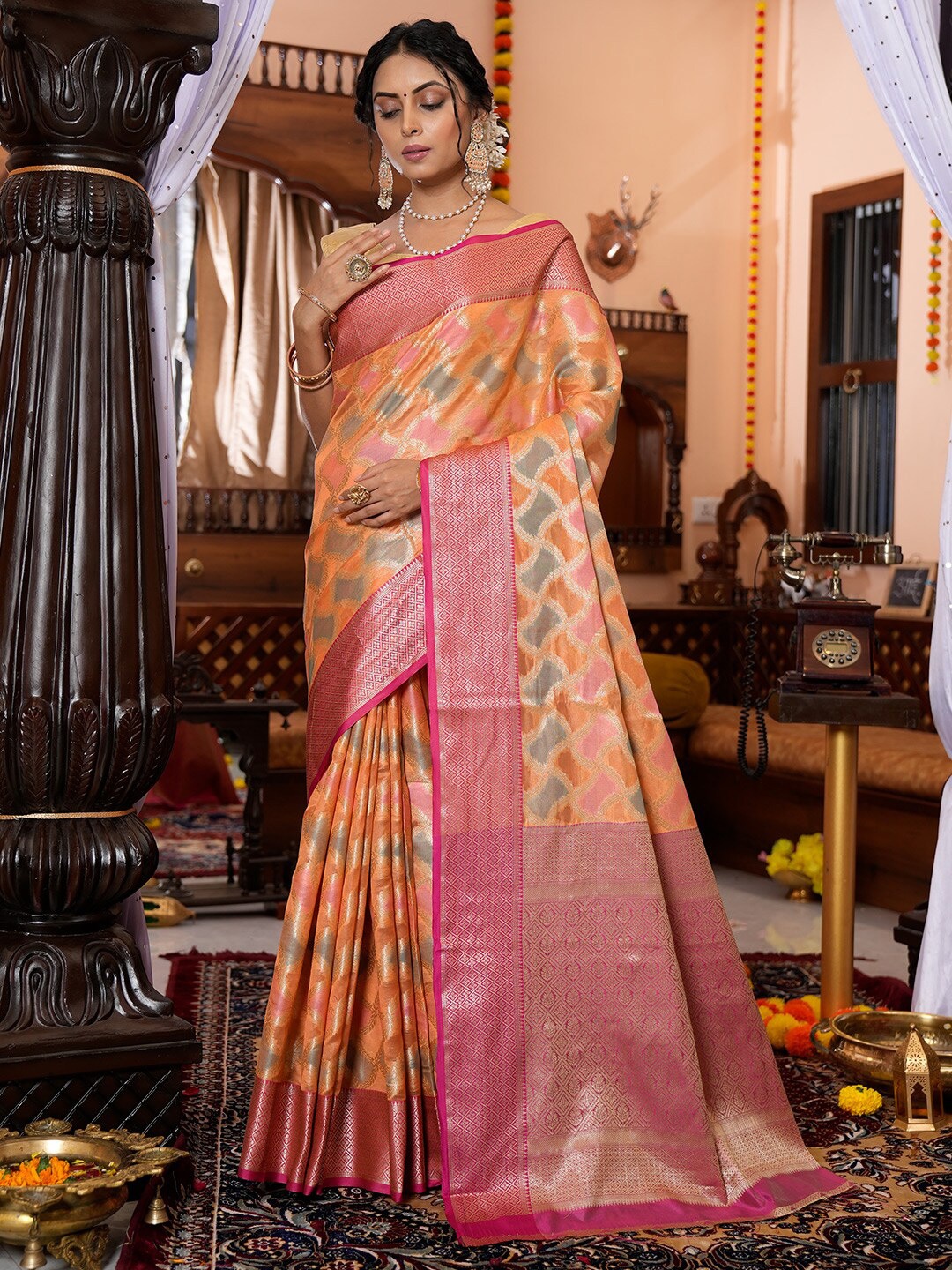 

KARAGIRI Floral Woven Design Organza Saree, Peach