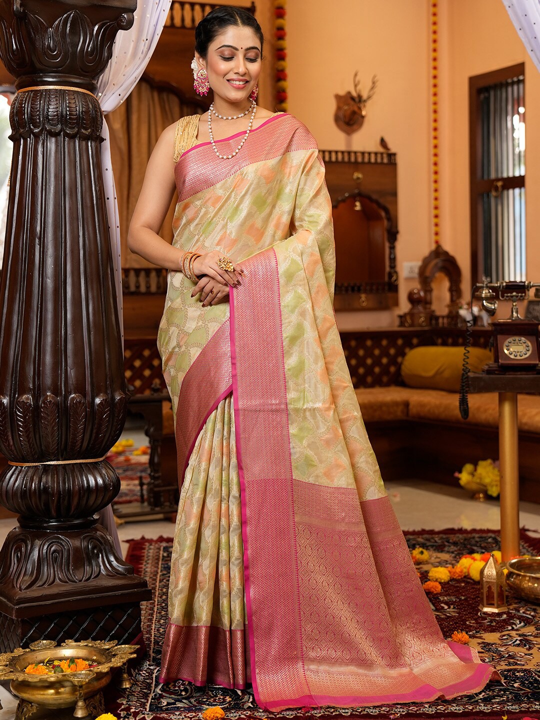 

KARAGIRI Floral Woven Design Organza Saree, Beige