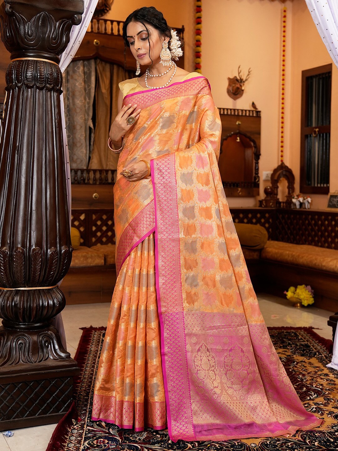 

KARAGIRI Floral Woven Design Saree, Peach