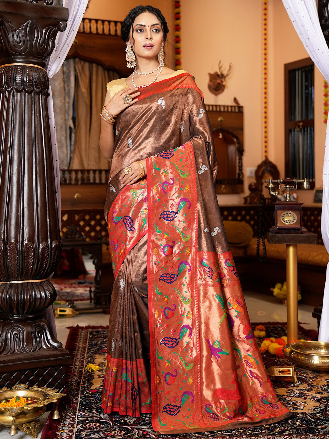 

KARAGIRI Ethnic Woven Design Tissue Paithani Saree, Brown