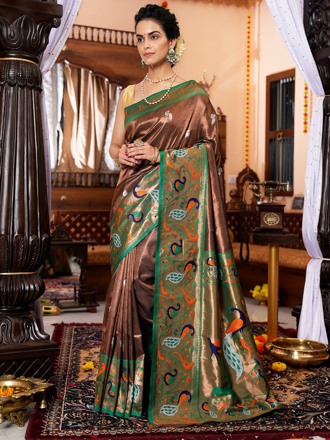 

KARAGIRI Floral Woven Design Tissue Paithani Saree, Brown
