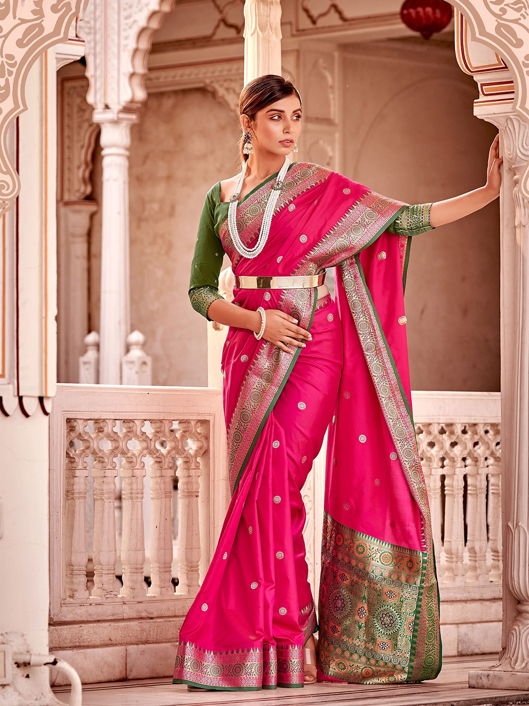 

elora Ethnic Motifs Woven Design Zari Pure Silk Banarasi Saree, Pink