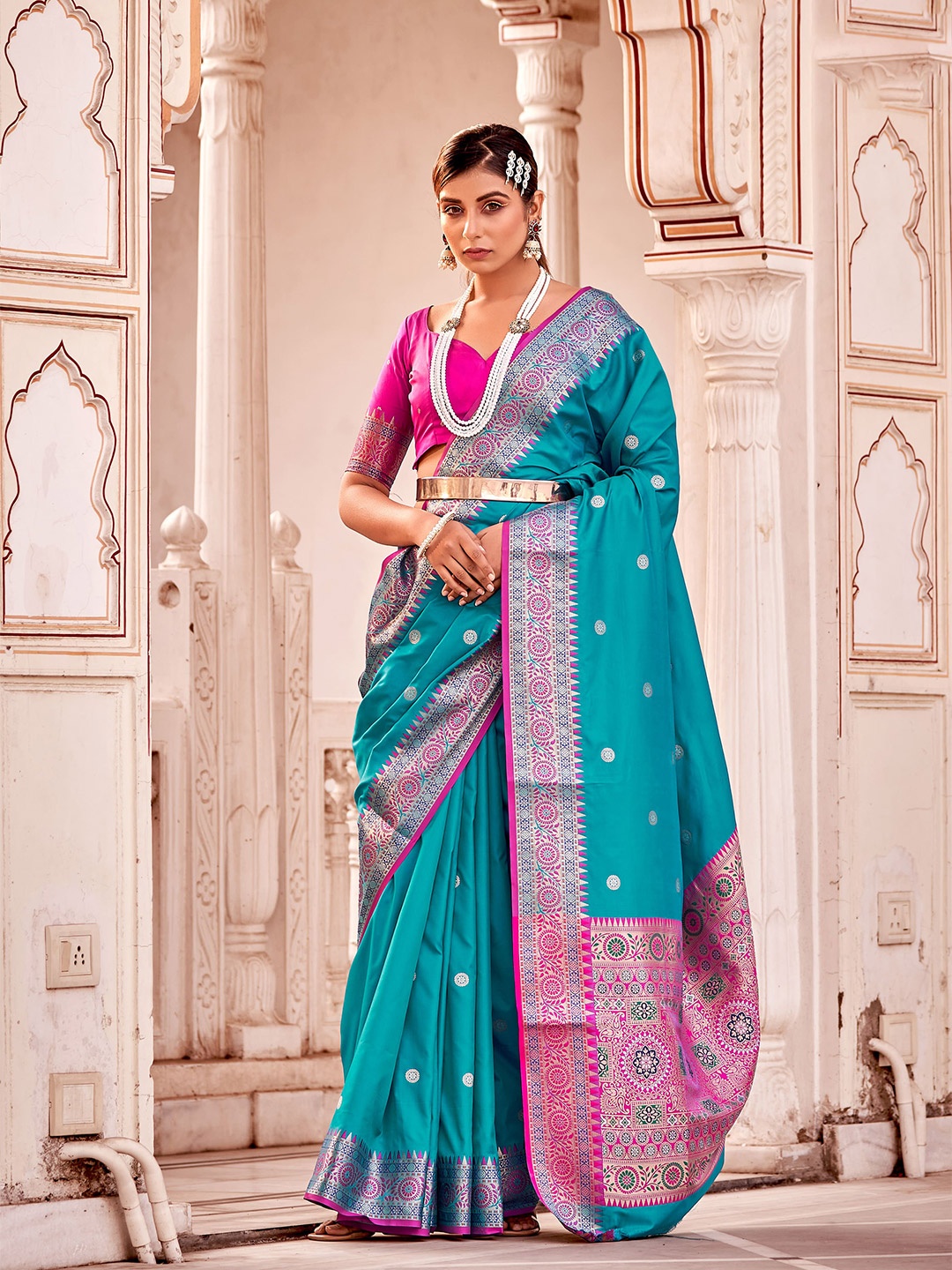 

elora Ethnic Motif Woven Design Pure Silk Banarasi Saree, Blue