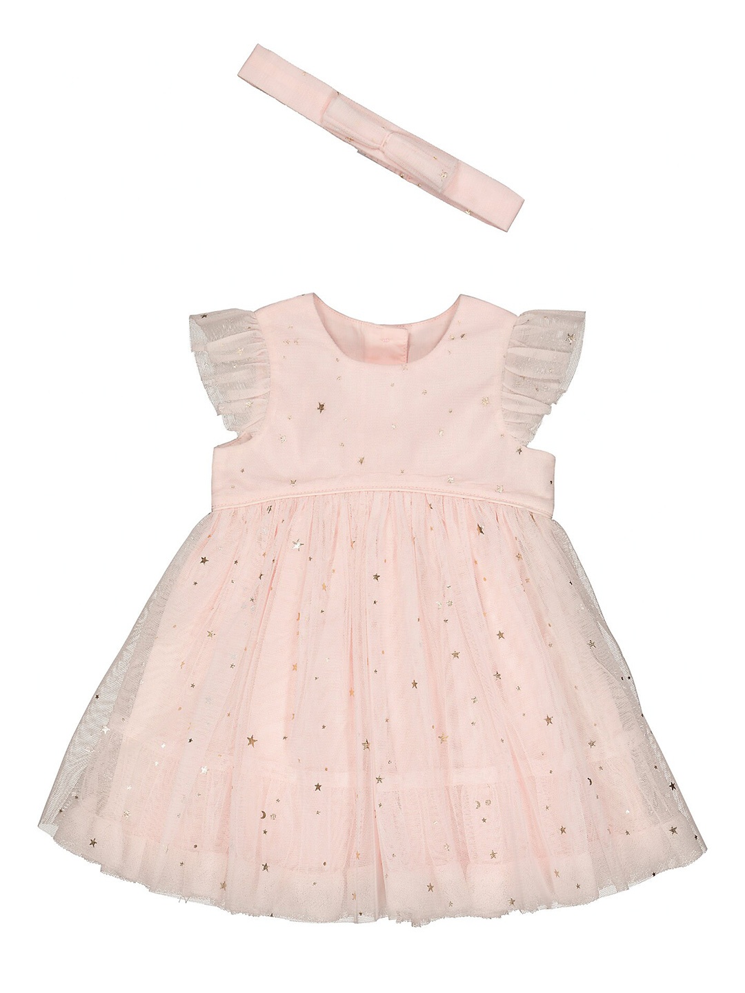 

mothercare Infant Girls Self Design Tiered Fit & Flare Dress With Hair Belt, Pink