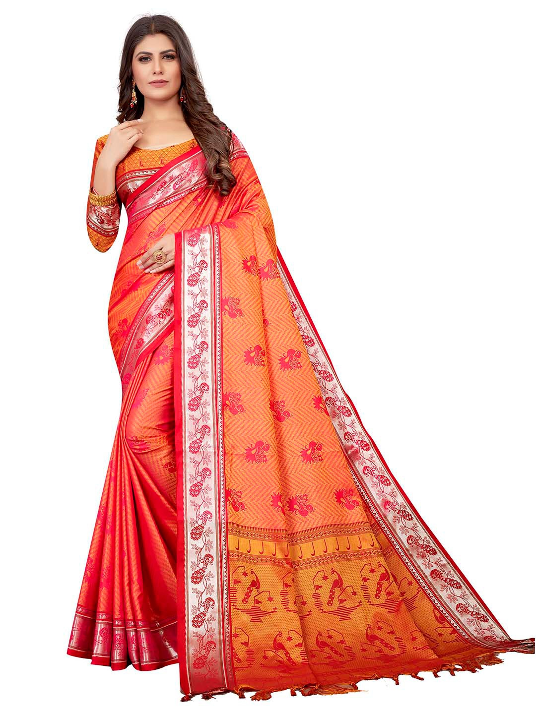 

VENISA Ethnic Motifs Woven Design Zari Saree With Tassels, Orange