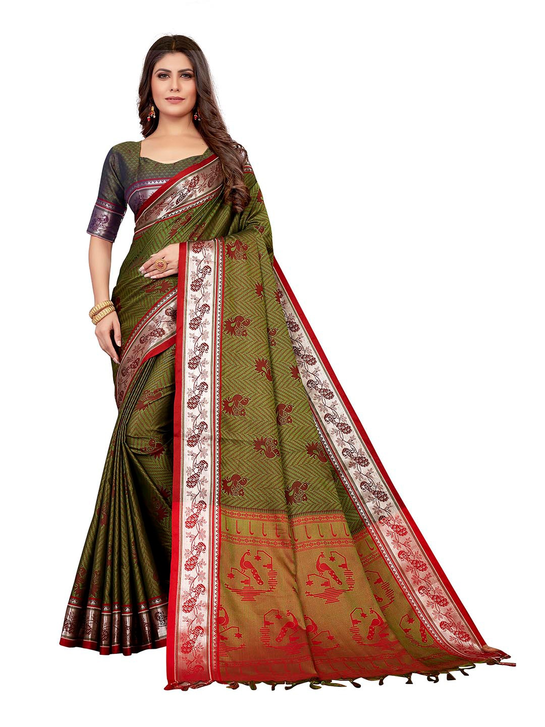 

VENISA Ethnic Motif Woven Design Zari Saree, Green