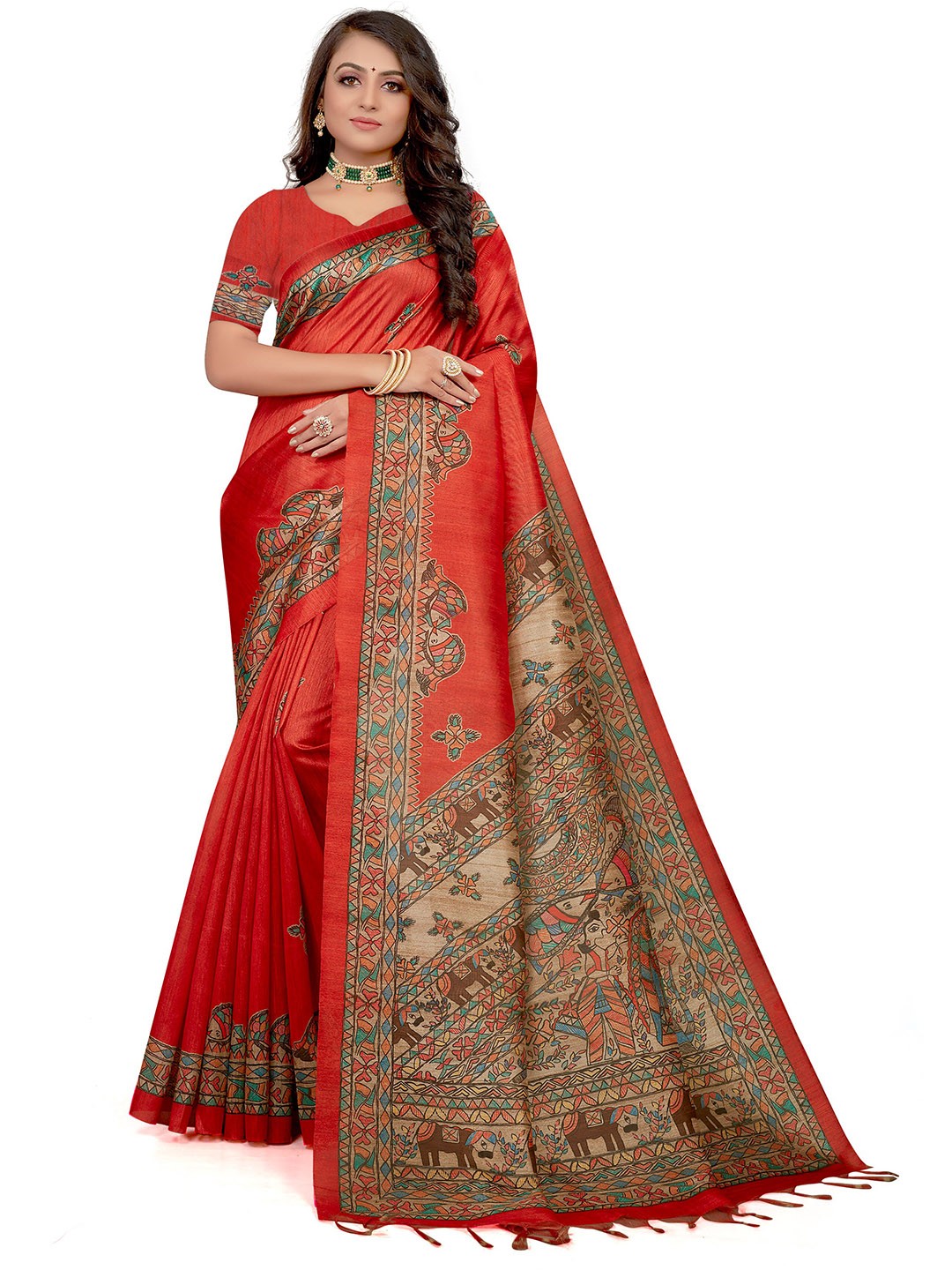 

VENISA Ethnic Motifs Printed Bhagalpuri Saree, Red