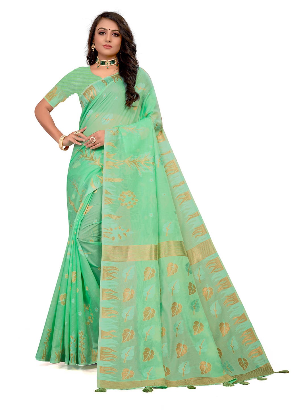 

VENISA Ethnic Motifs Woven Design Cotton Saree, Green