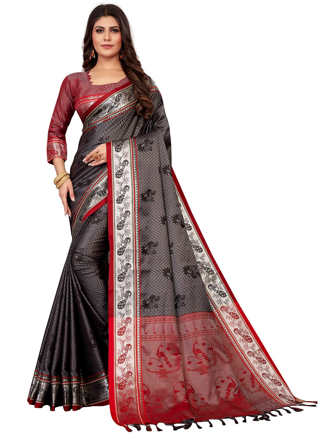 

VENISA Woven Design Khun Silk Saree, Black