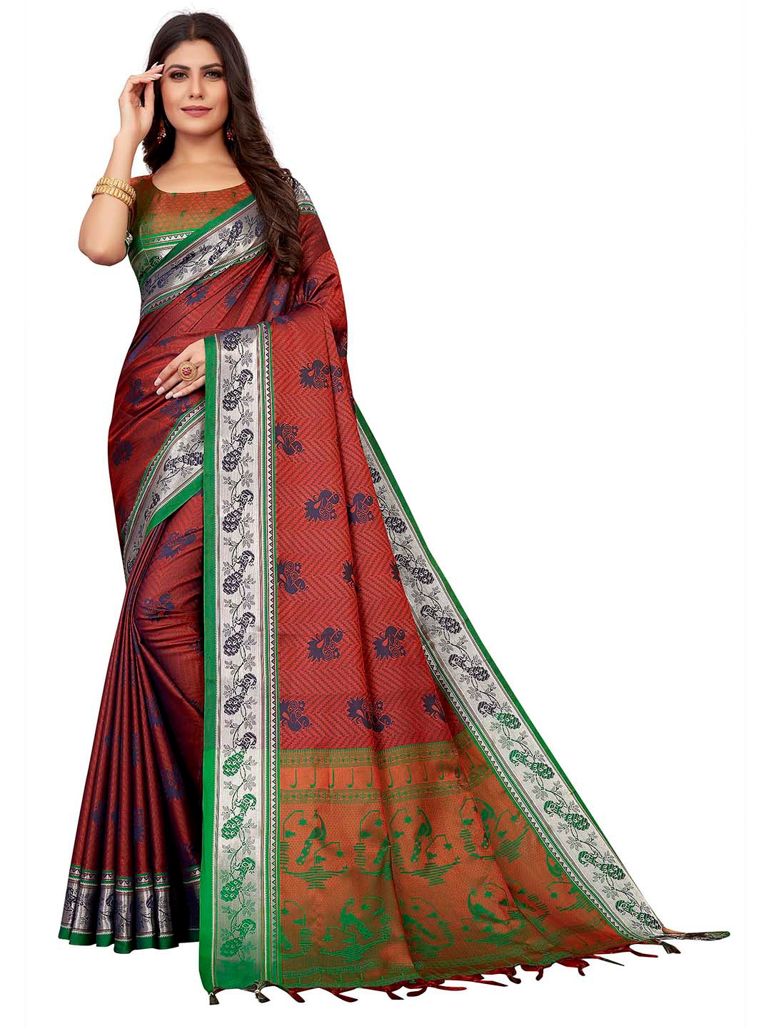 

VENISA Ethnic Motif Woven Design Zari Saree, Maroon