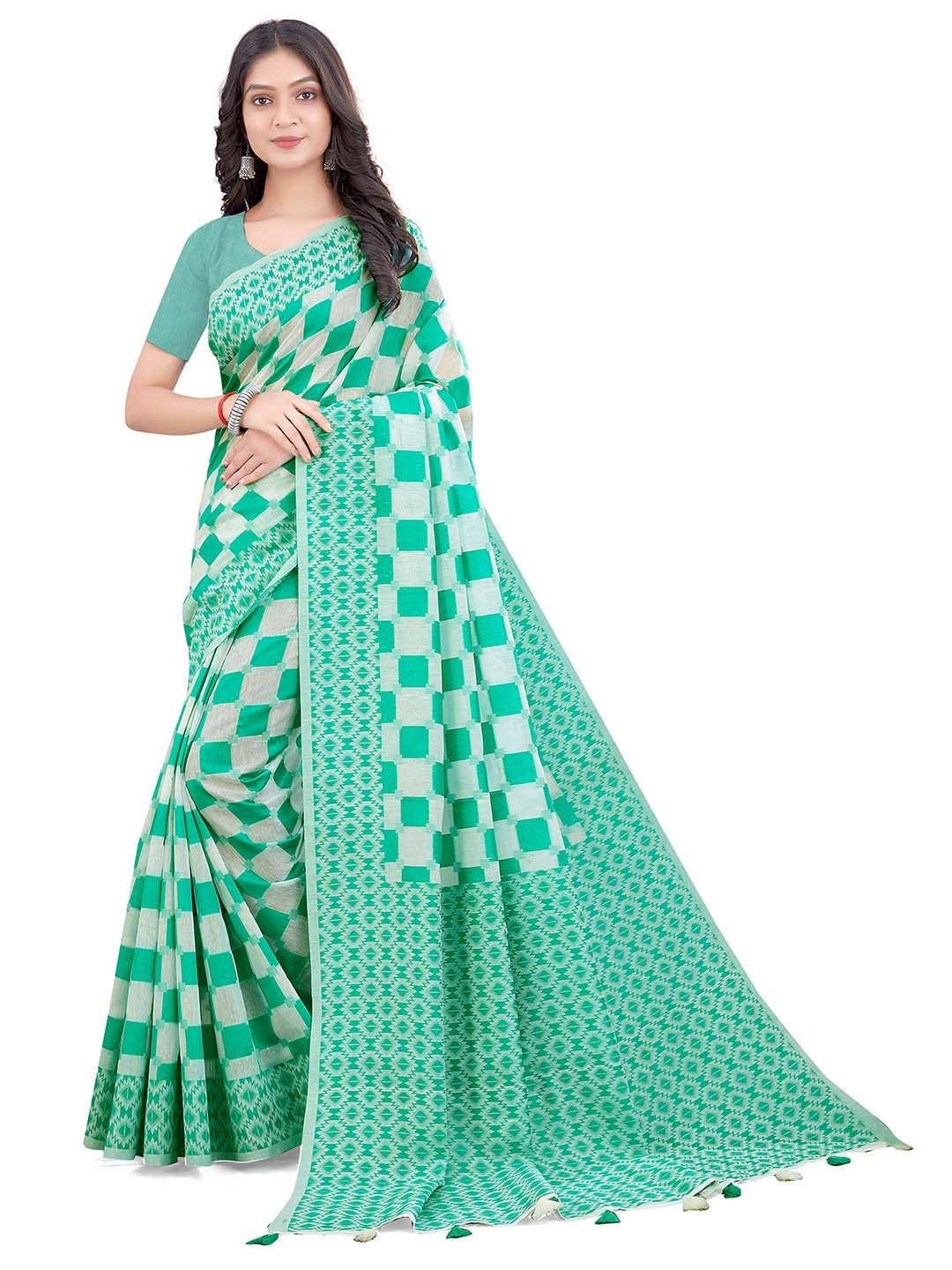 

VENISA Geometric Woven Design Saree, Teal