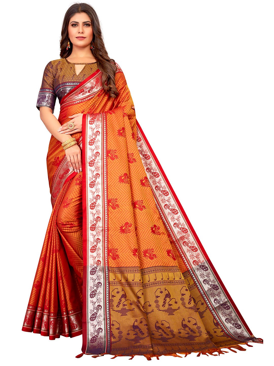 

VENISA Woven Design Zari Saree, Orange