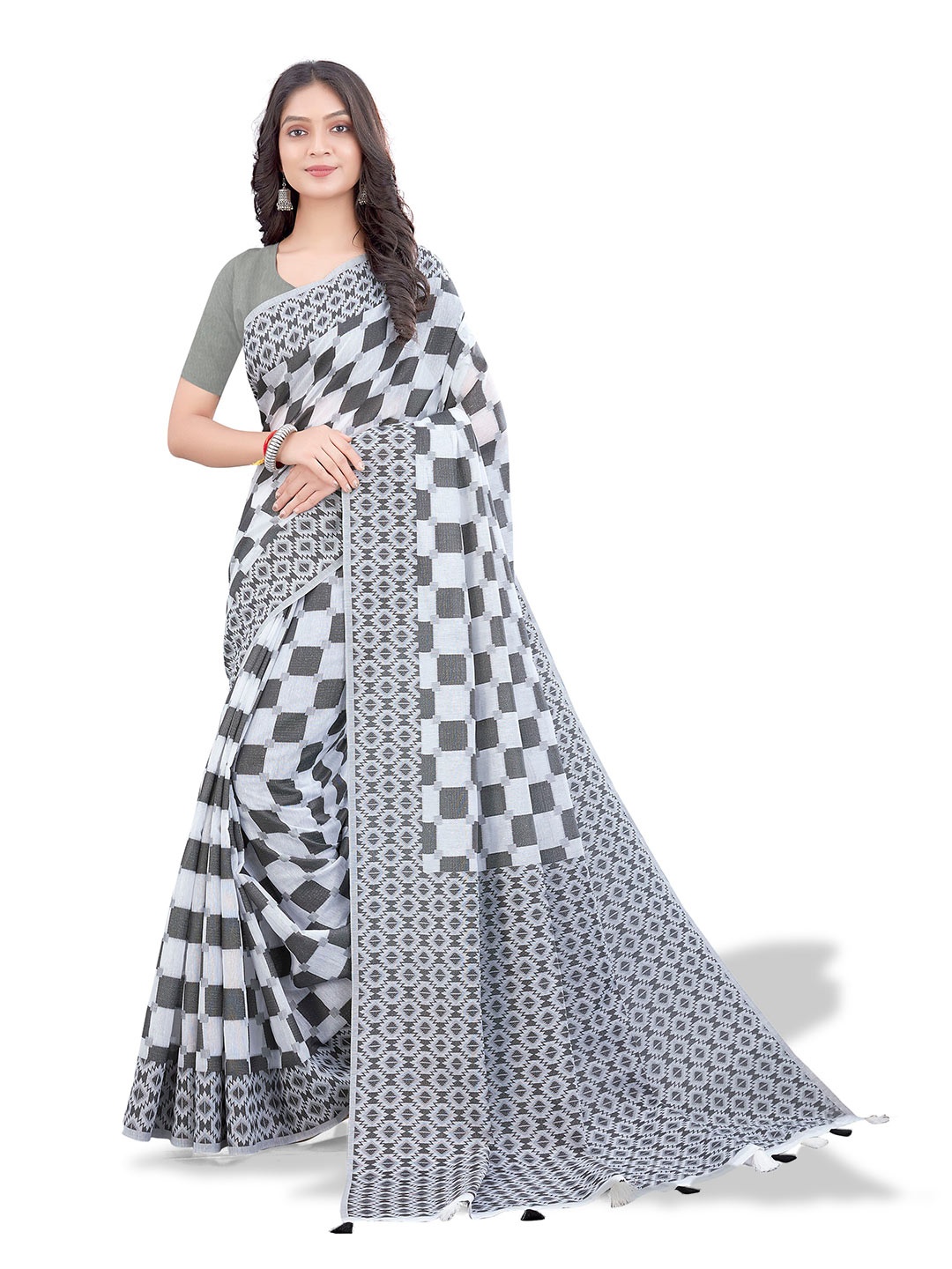 

VENISA Geometric Printed Pure Cotton Saree, Grey