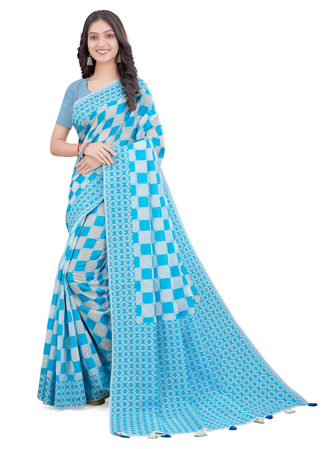 

VENISA Checked Tassel Detailed Saree, Turquoise blue