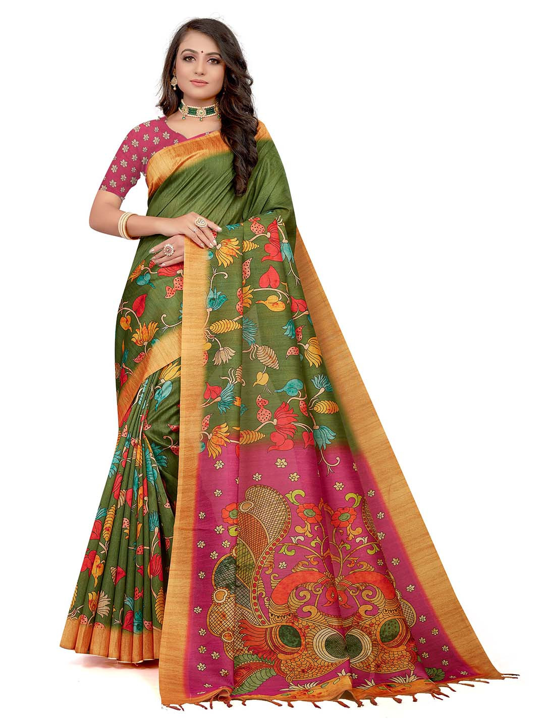 

VENISA Ethnic Motifs Printed Zari Saree, Green