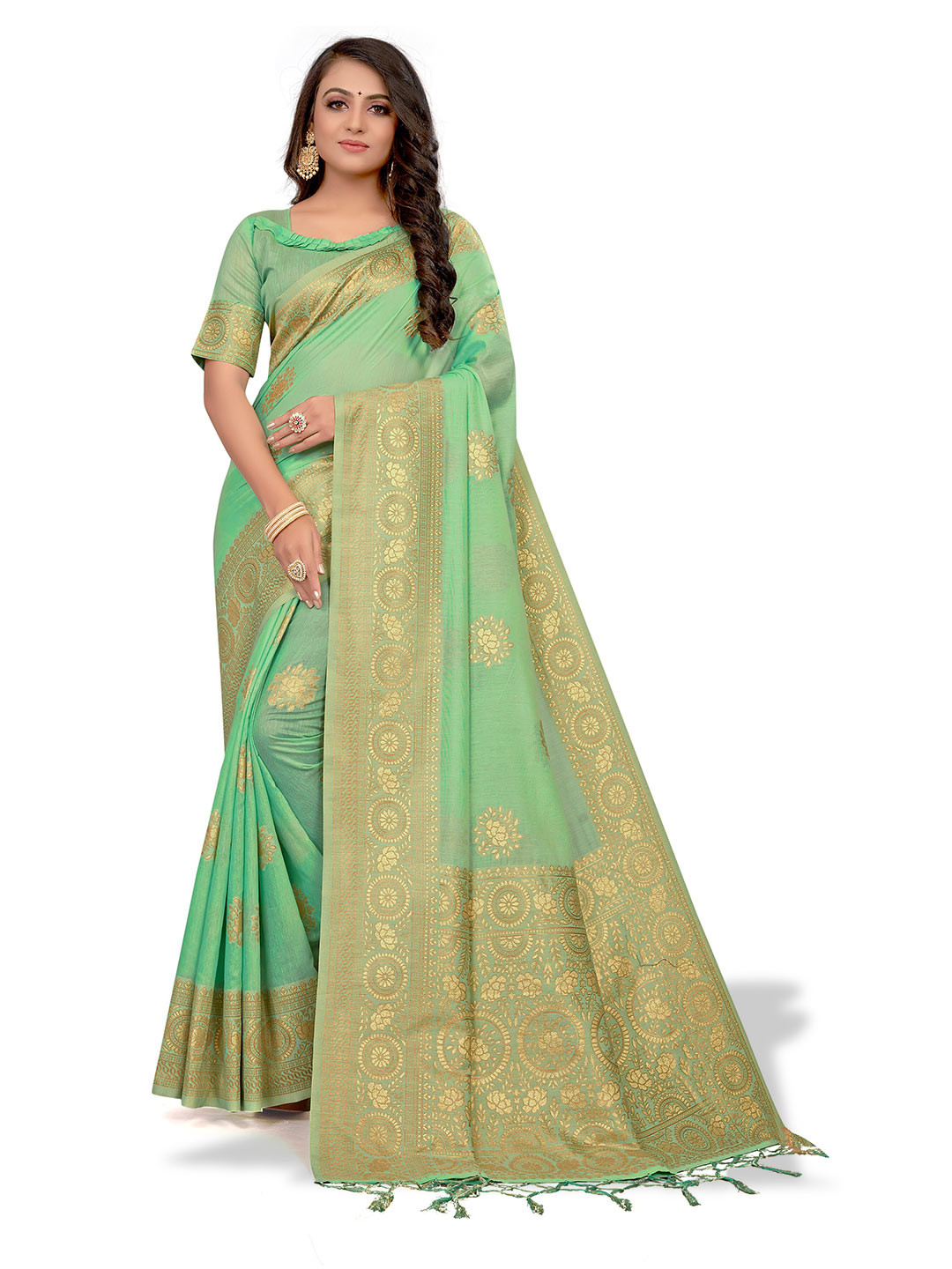 

VENISA Floral Woven Design Zari Saree, Green
