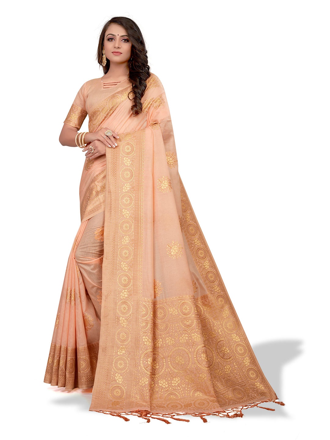 

VENISA Ethnic Motifs Woven Design Cotton Saree, Peach