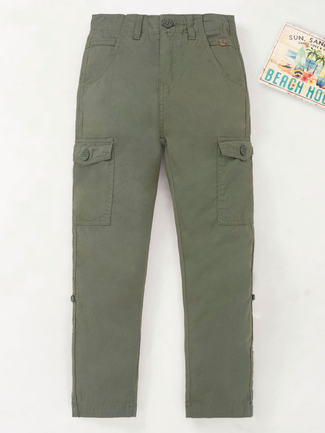 

Ed-a-Mamma Boys Mid Rise Plain Cotton Straight Fit Cargos Trousers, Olive