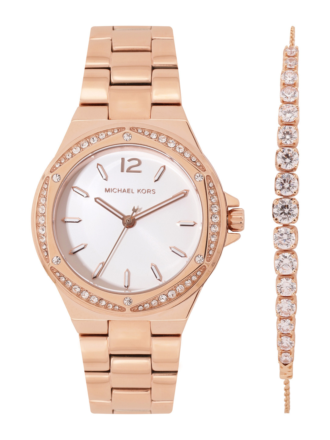 

Michael Kors Women Rose Gold-Plated Lennox Embellished Analogue Watch MK1053SET, White