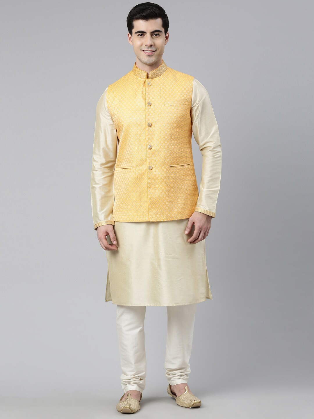 

TTheEthnic.Co Mandarin Collar Straight Kurta with Churidar & Nehru Jacket, Off white