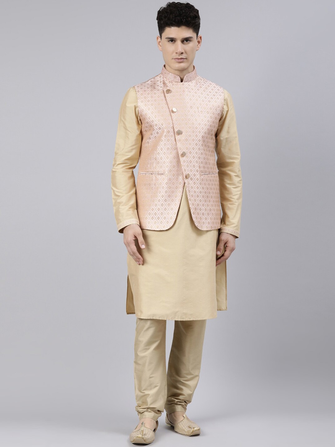 

TheEthnic.Co Mandarin Collar Regular Kurta with Churidar with Woven Design Nehru Jacket, Beige