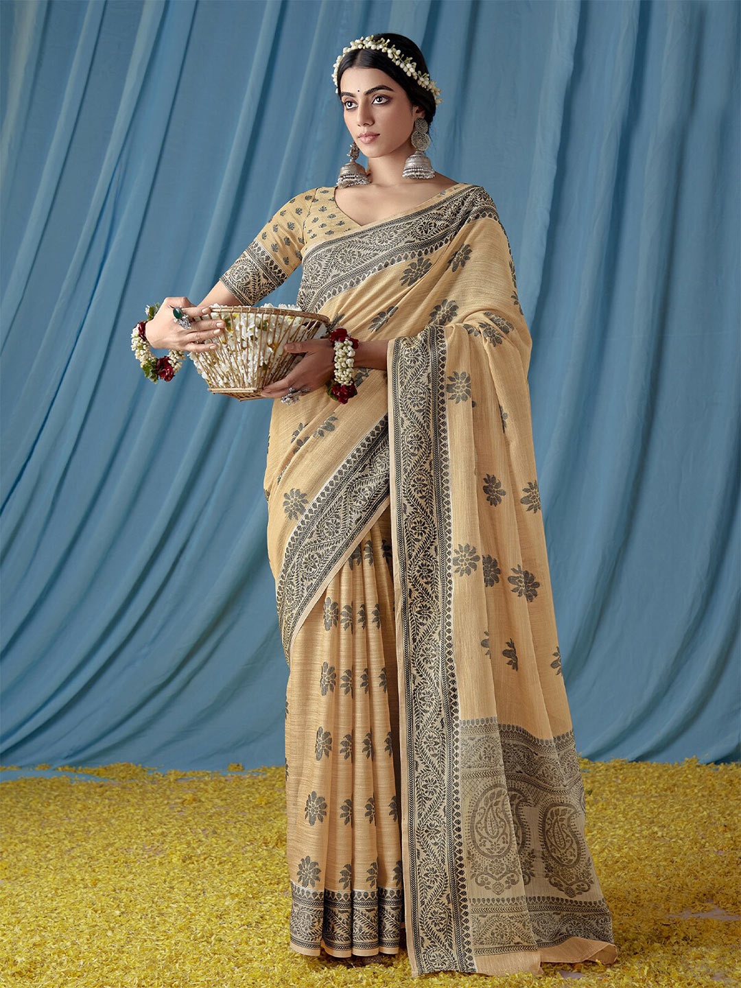 

ODETTE Floral Printed Linen Cotton Saree, Orange