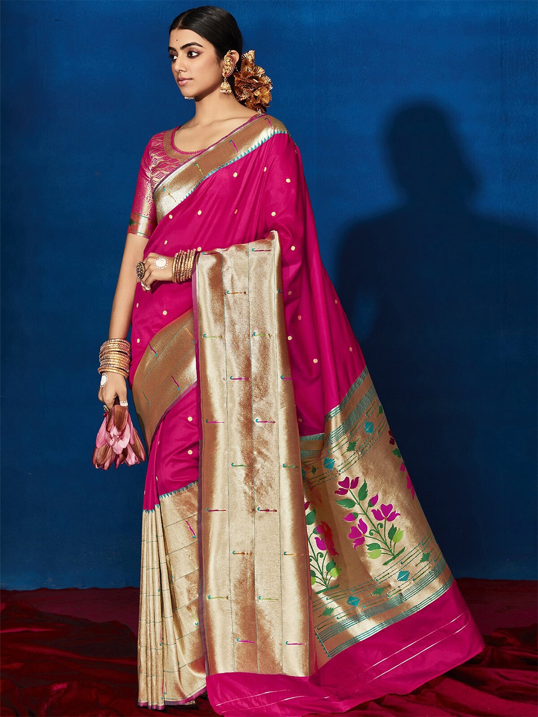 

ODETTE Woven Design Banarasi Silk Saree, Magenta