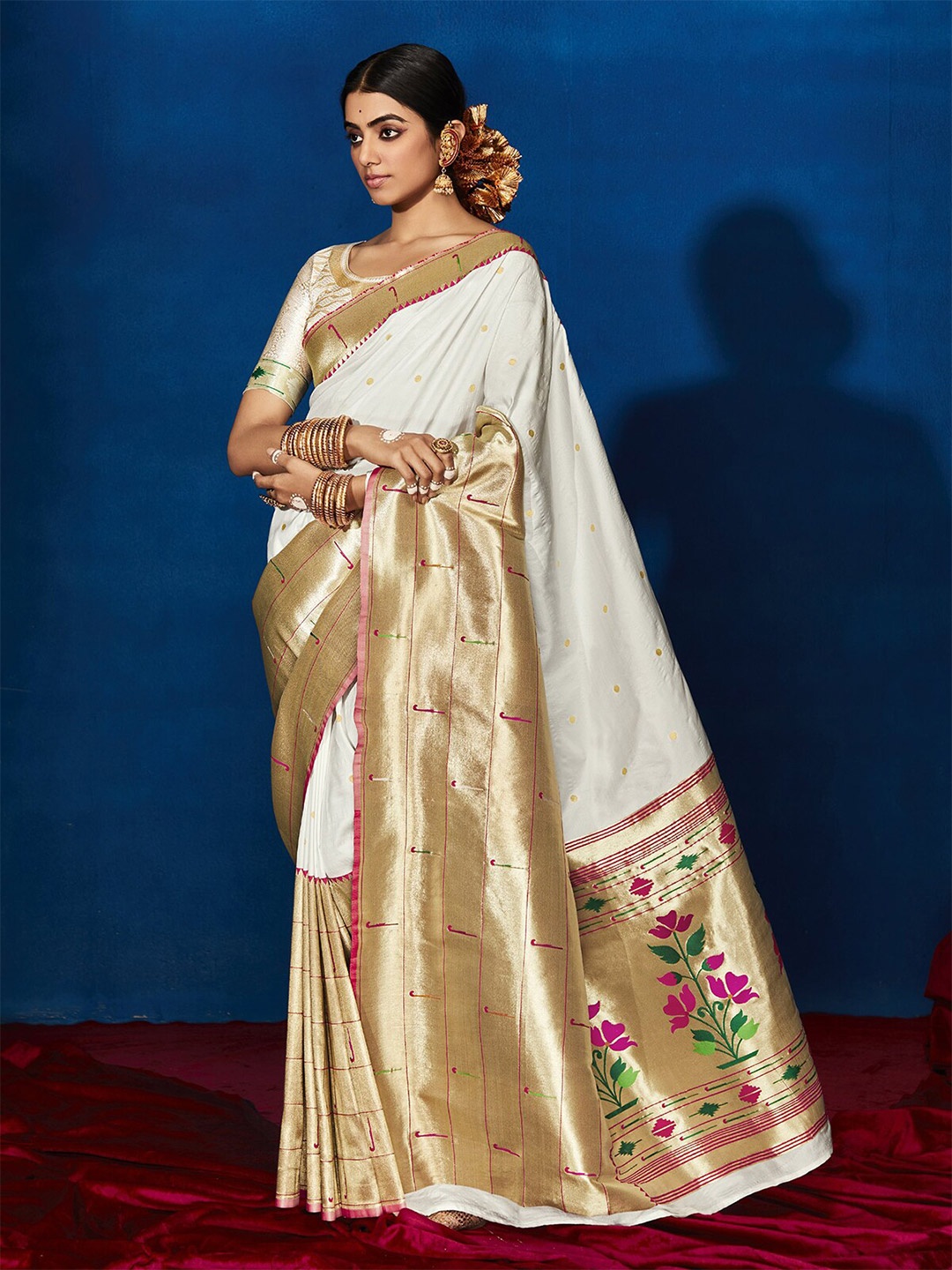 

ODETTE Woven Design Saree with Zari Border, White
