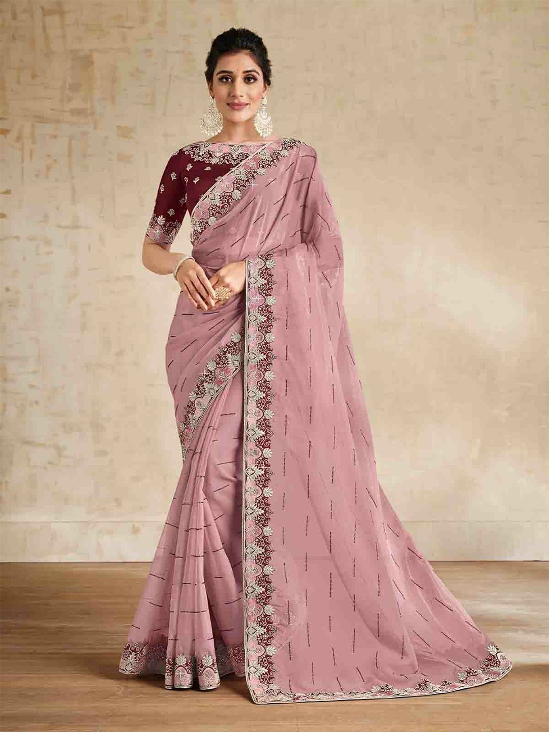

ODETTE Striped Organza Saree, Pink
