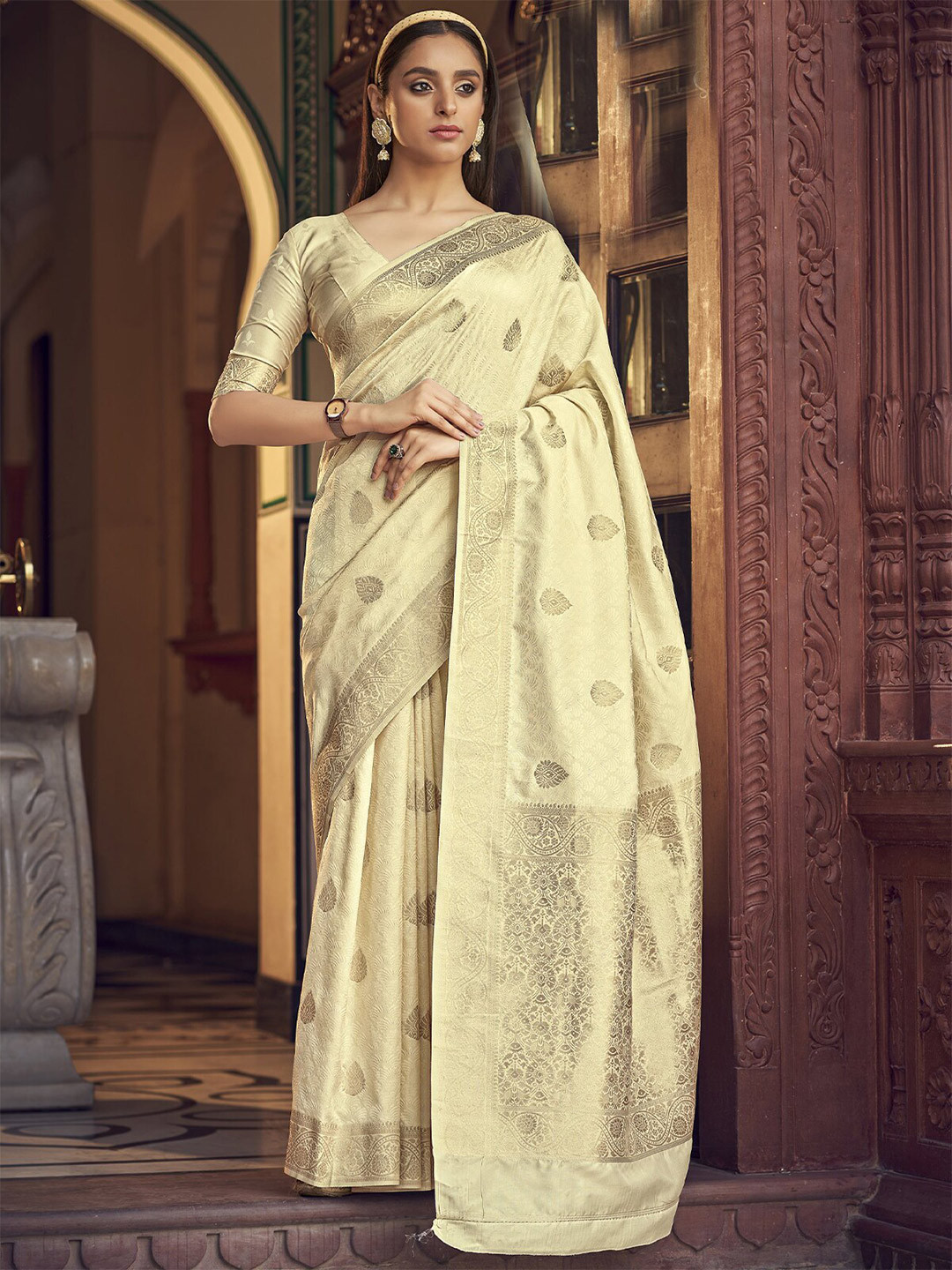 

ODETTE Woven Design Zari Saree, Beige
