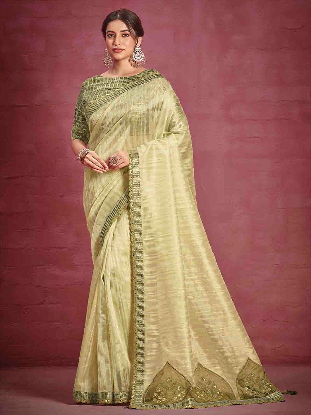 

ODETTE Striped Embellished Organza Saree, Sea green