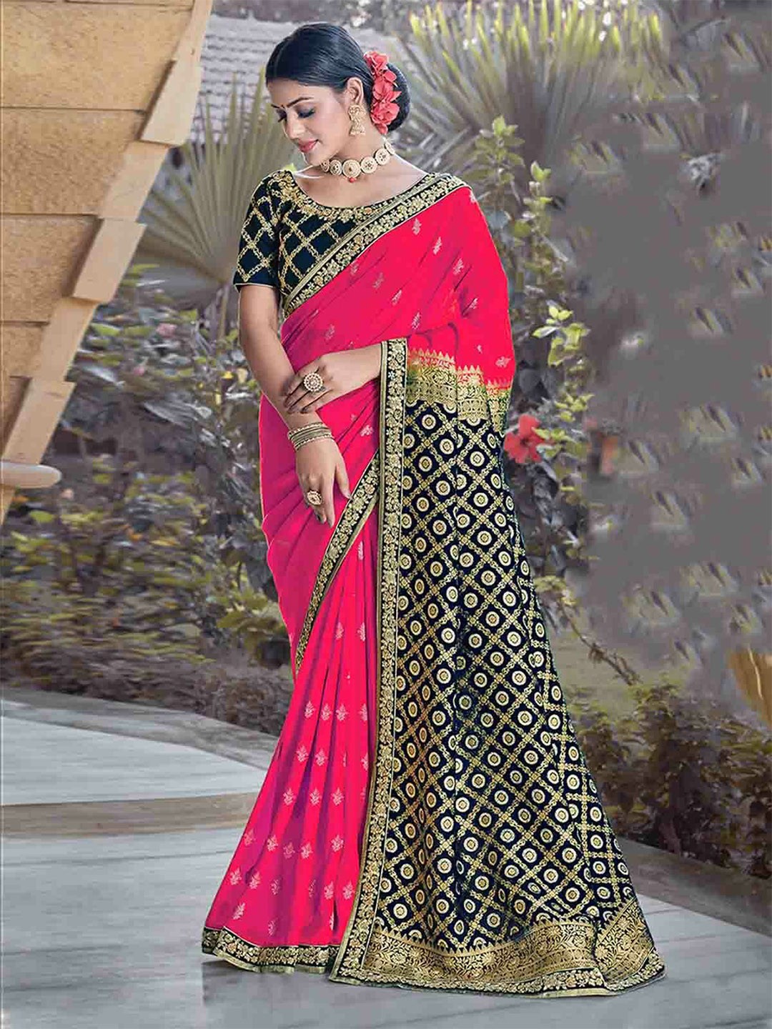 

ODETTE Ethnic Motifs Woven Design Silk Blend Saree, Red