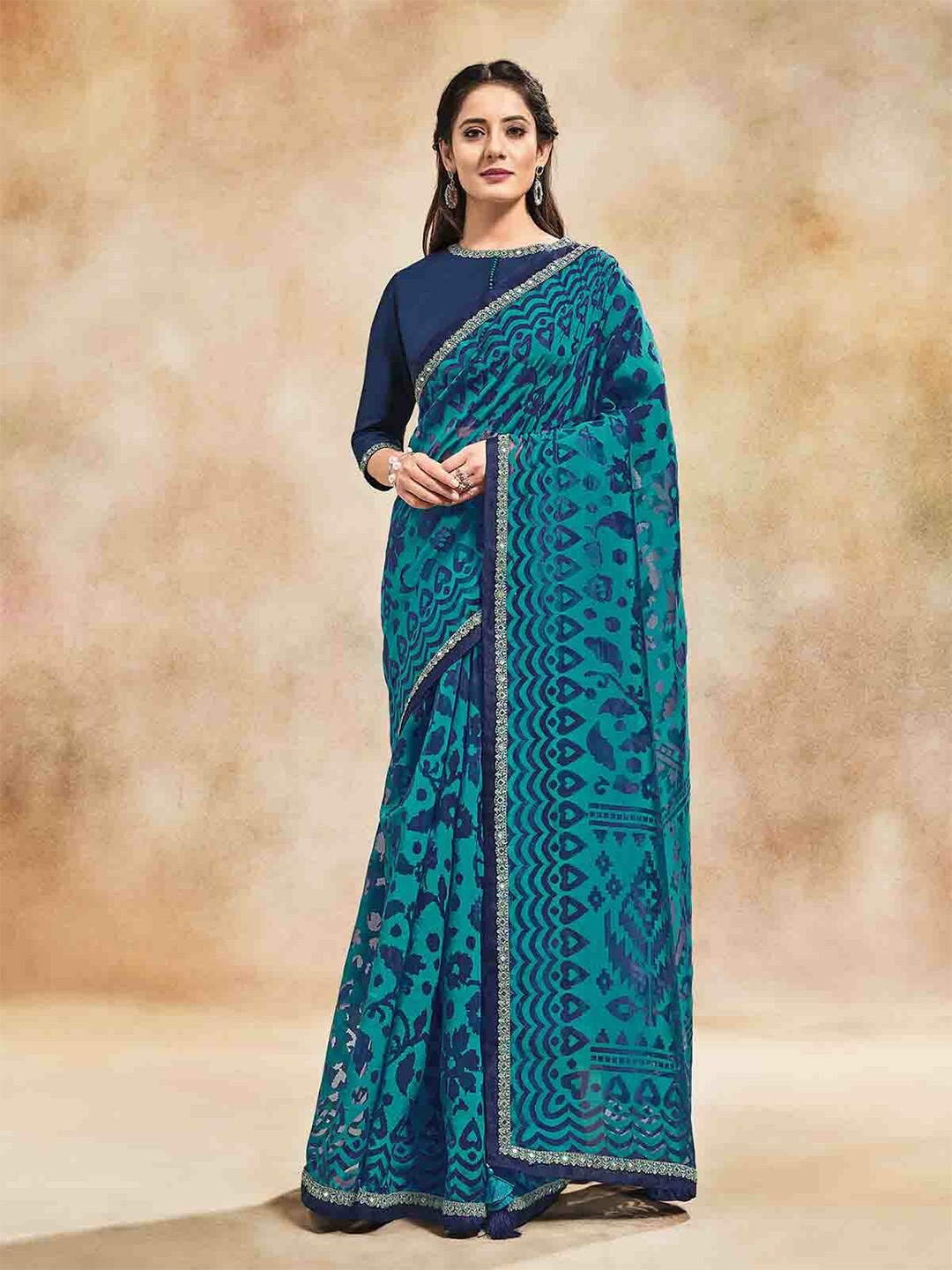 

ODETTE Ethnic Motifs Embellished Satin Organza Saree With Blouse Piece, Teal