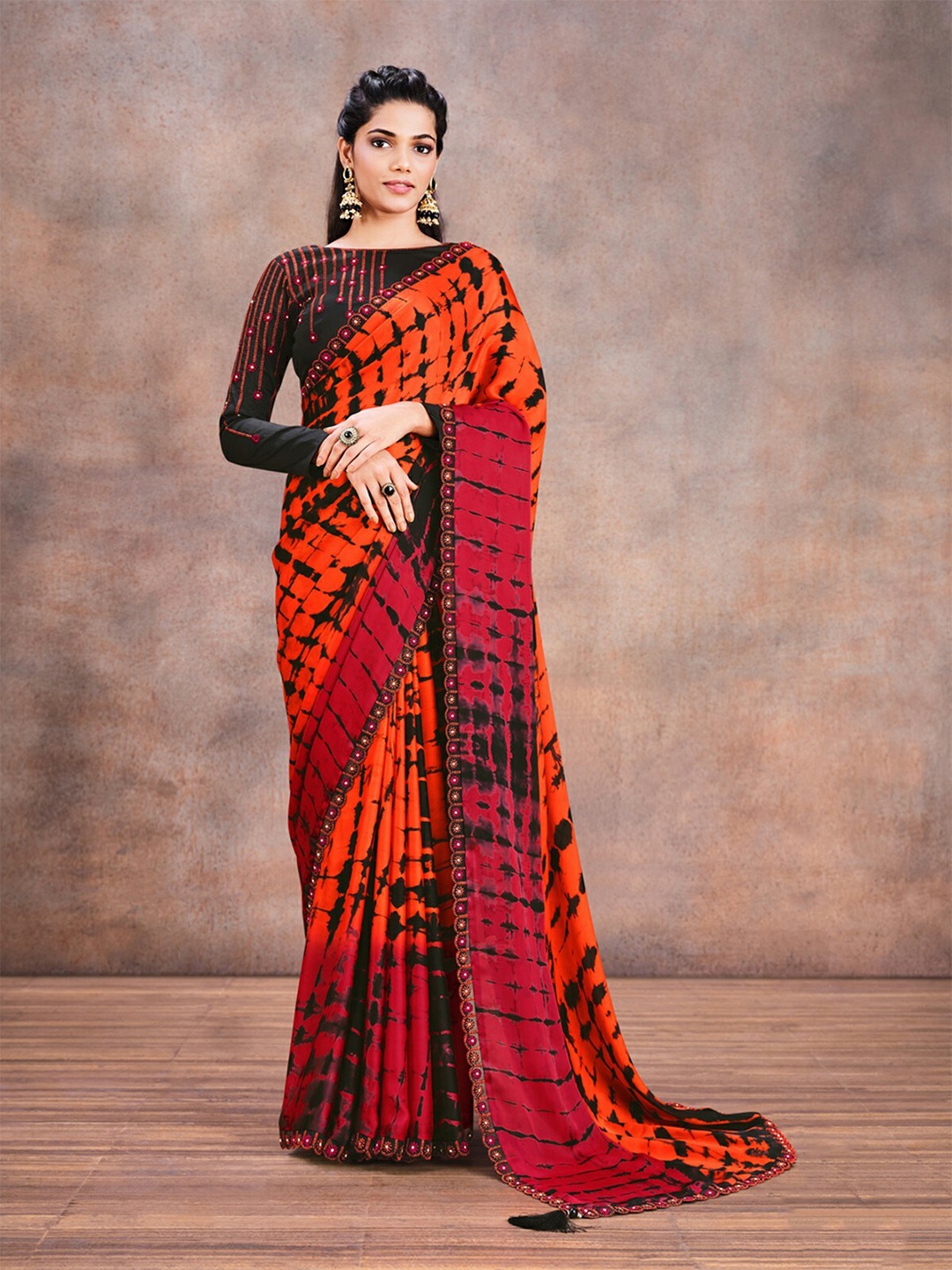 

ODETTE Tie and Dye Embroidered Satin Saree With Blouse Piece, Orange