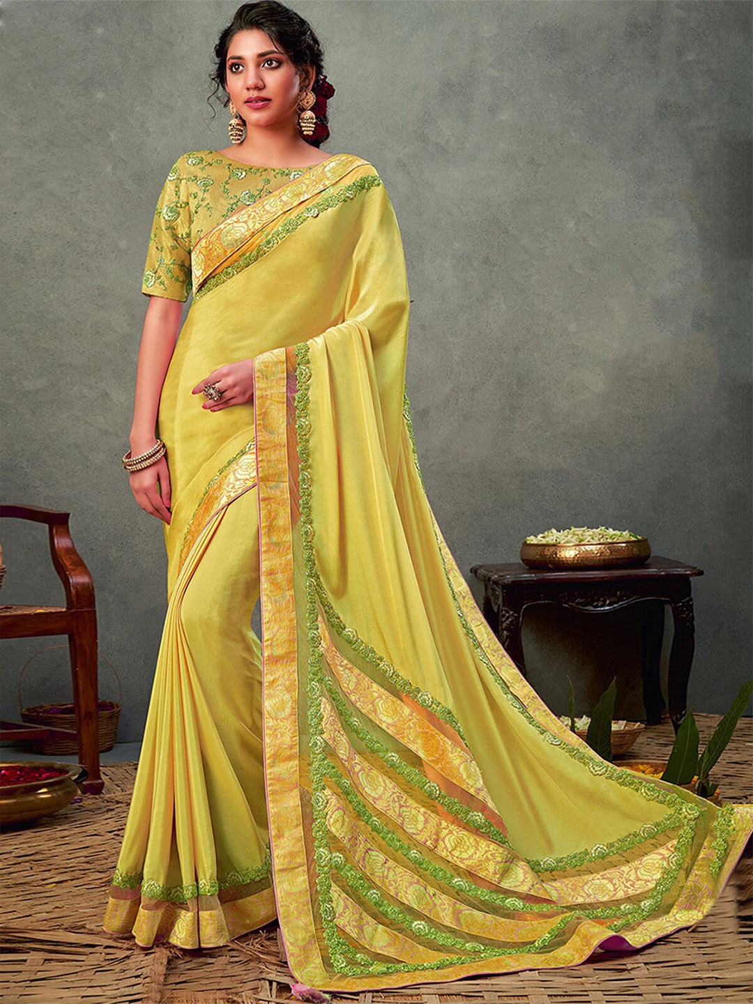 

ODETTE Embroidered Scalloped Edged Saree With Unstitched Blouse, Lime green