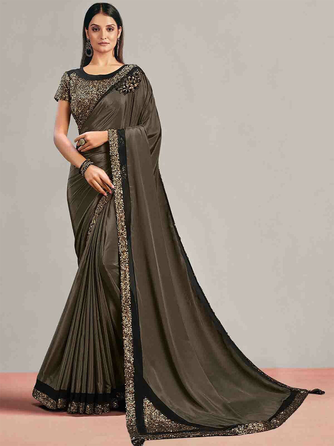 

ODETTE Sequin Embellished Saree, Grey