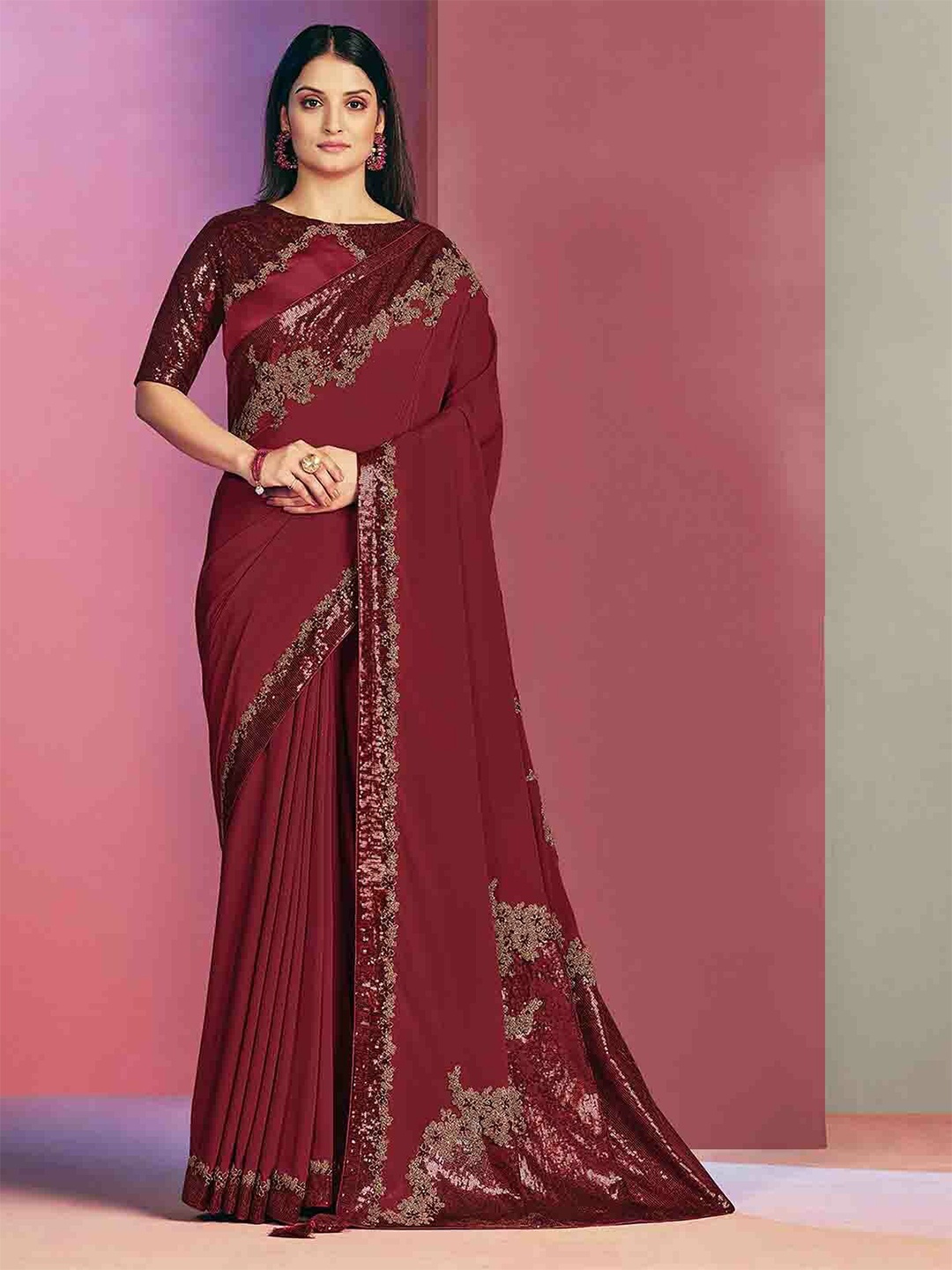 

ODETTE Sequinned Saree with Embellished Border, Maroon