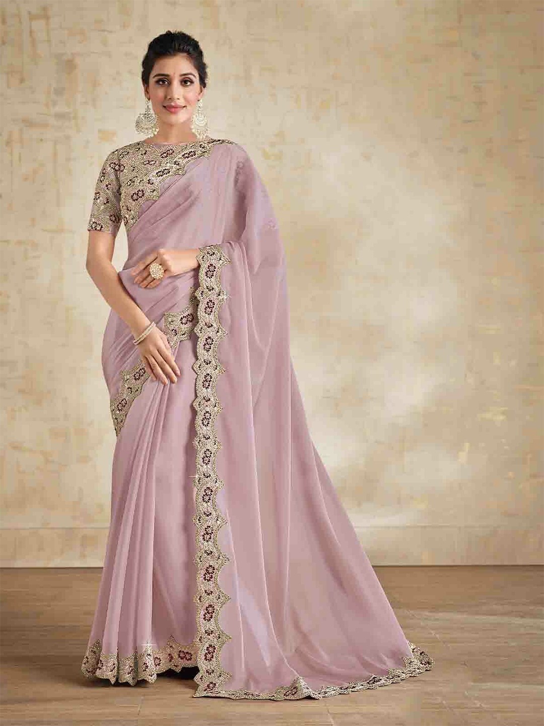 

ODETTE Embroidered Heavy Border Silk Blend Saree, Purple