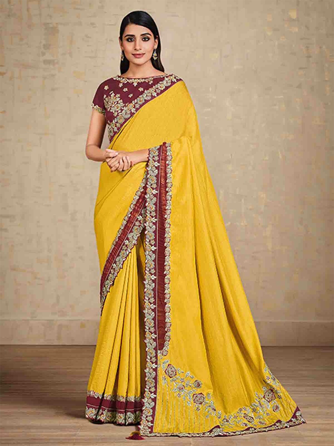 

ODETTE Embroidered Tussar Silk Saree, Yellow