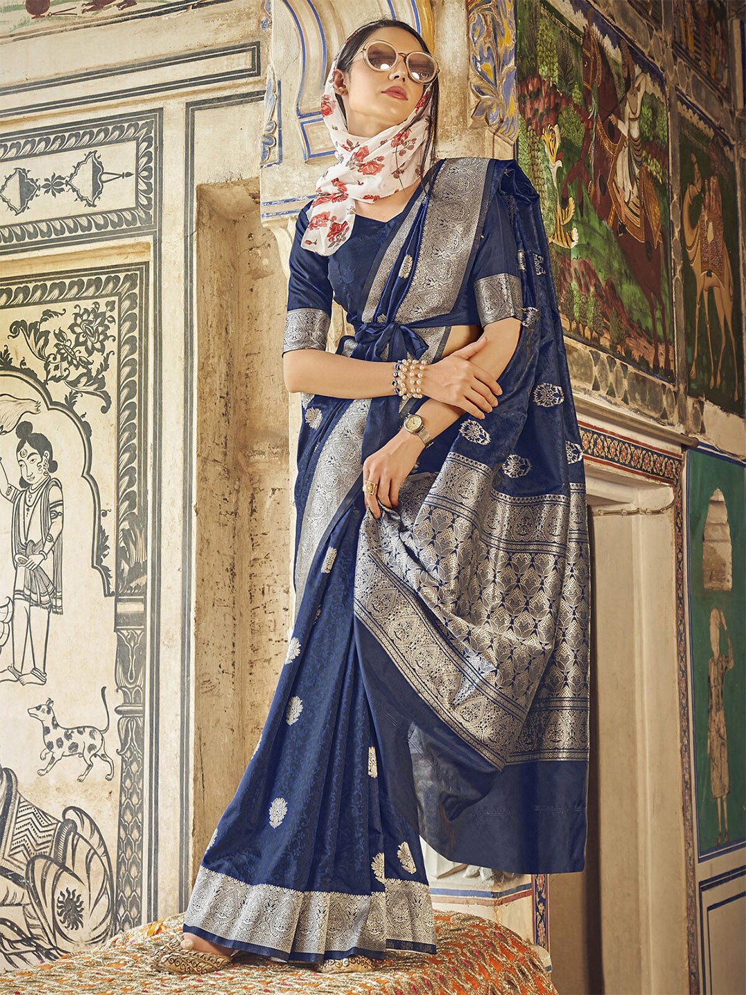 

ODETTE Ethnic Motif Woven Design Satin Silk Saree, Blue