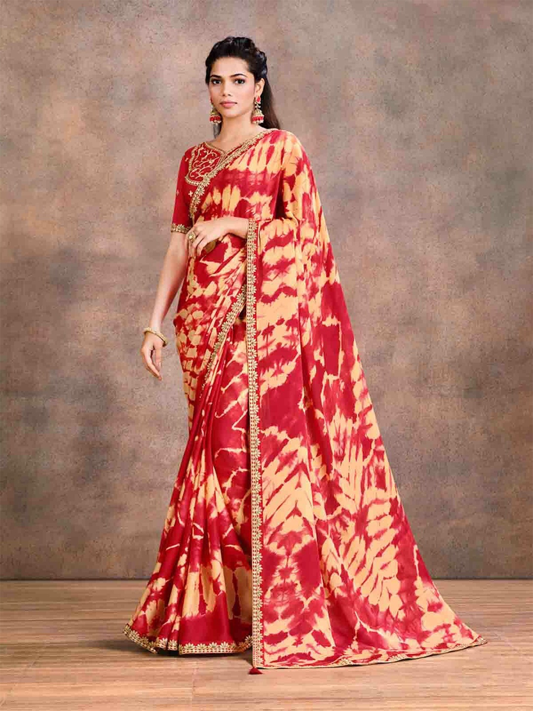 

ODETTE Tie and Dye Embroidered Satin Saree, Mustard