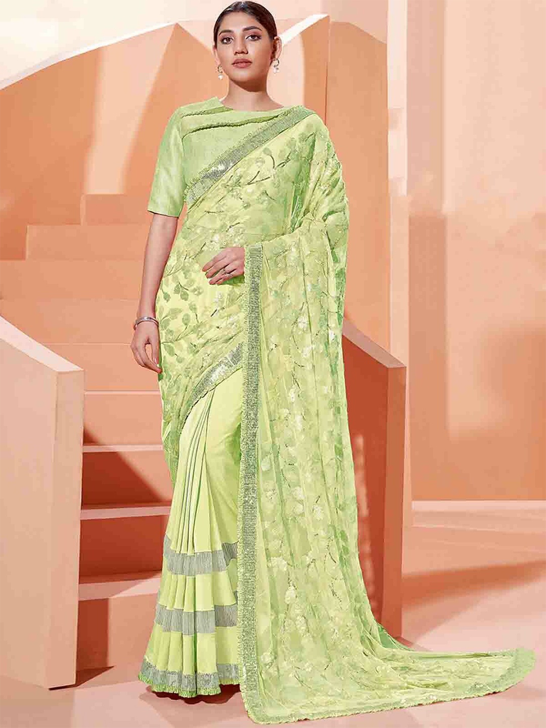 

ODETTE Floral Embellished Sequinned Saree, Green